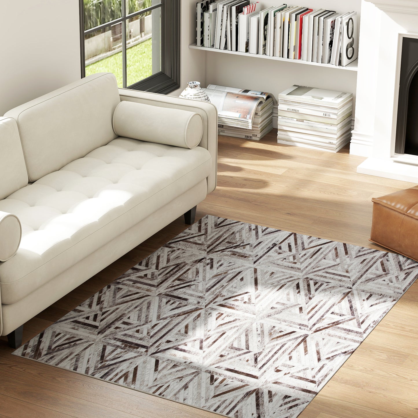 HOMCOM Modern Area Rug Triangle Pattern Patchwork Non Slip Washable 170x120 cm Brown For Living Room Bedroom