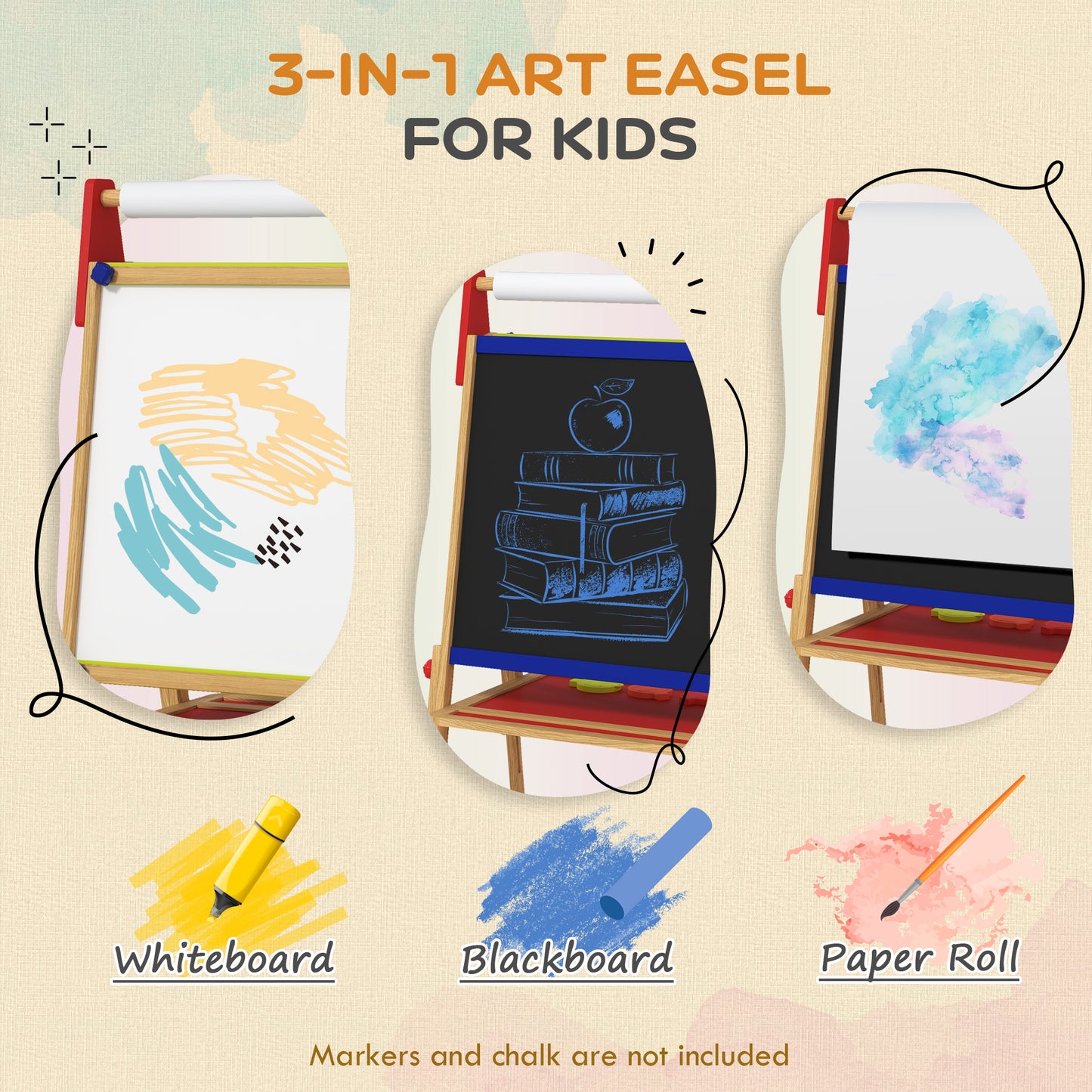 AIYAPLAY 3 In 1 Wooden Kids Easel With Paper Roll Double Sided Whiteboard And Chalkboard Adjustable Height 95 110 cm