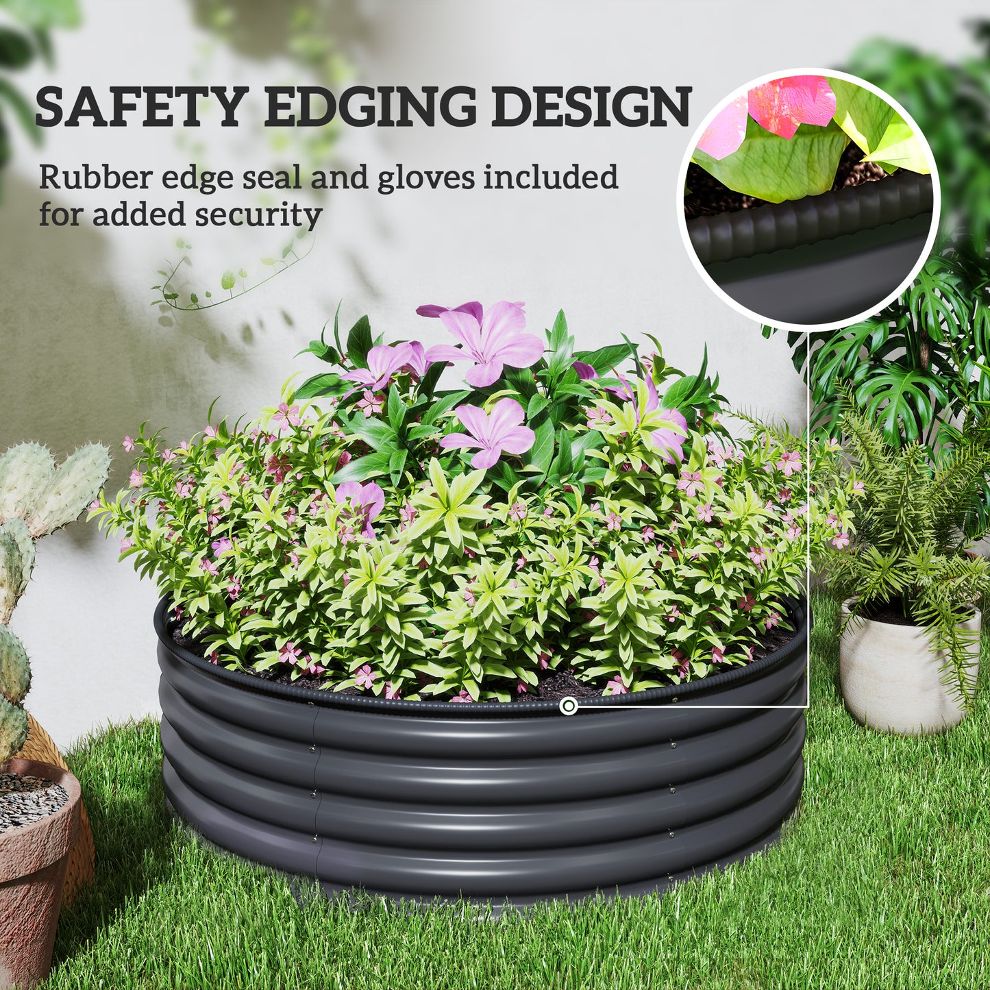 Outsunny Galvanised Raised Garden Bed With Safety Edging And Gloves Outdoor Planter Box 120 x 120 x 43cm Dark Grey