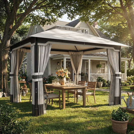 Outsunny 3 x 3.6 m Outdoor Garden Gazebo With Netting And Curtains Double Roof Patio Gazebo Light Grey