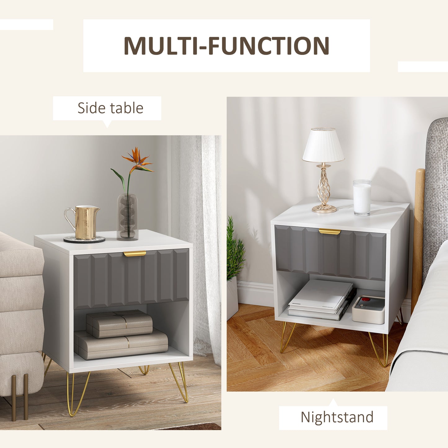 HOMCOM White Bedside Table With Drawer And Open Shelf Cabinet Modern Nightstand 45 x 40 x 55 cm