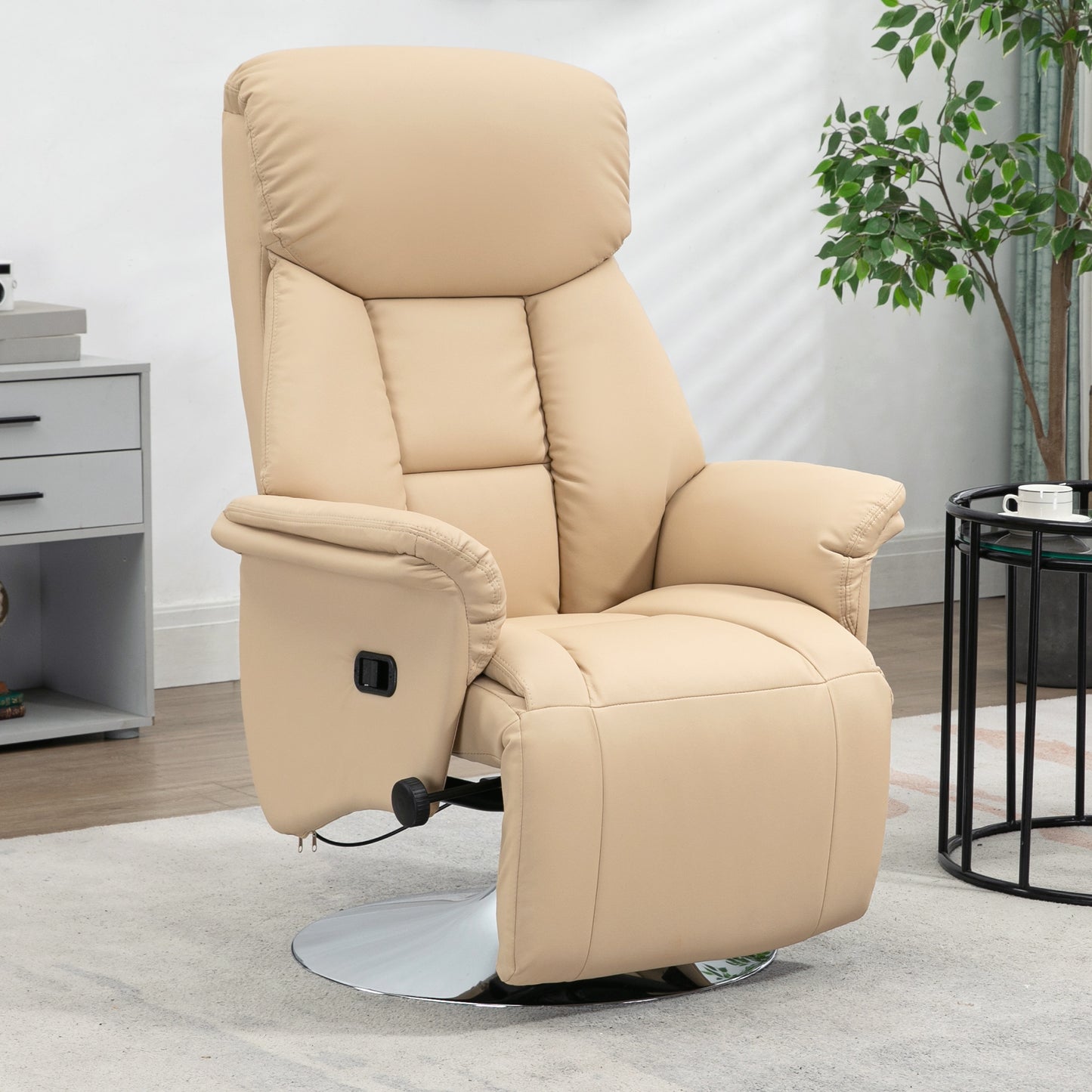 HOMCOM Manual Adjustable Swivel Recliner Chair With Footrest Padded Arms PU Leather Upholstery Beige