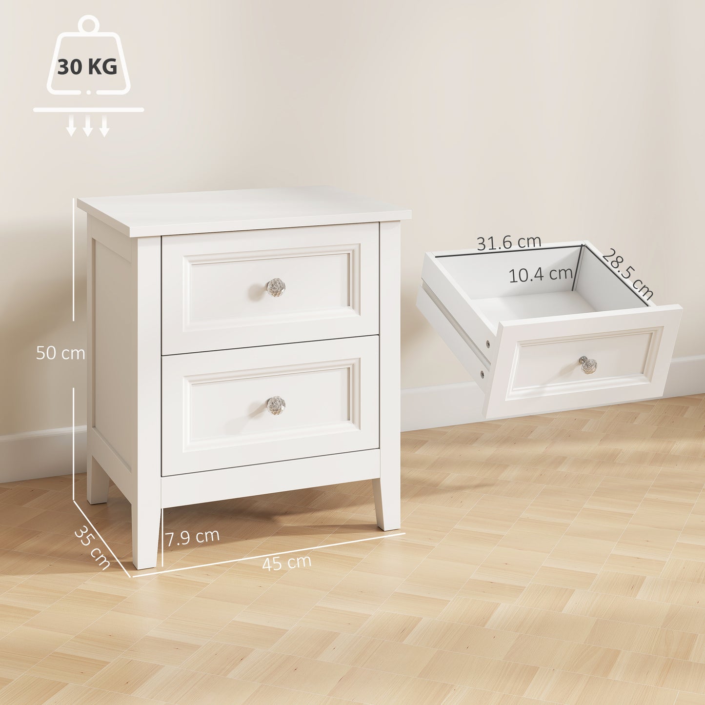 HOMCOM Nightstand With 2 Drawers Modern Bedside Table White MDF Frame Crystal Handles For Bedroom Living Room