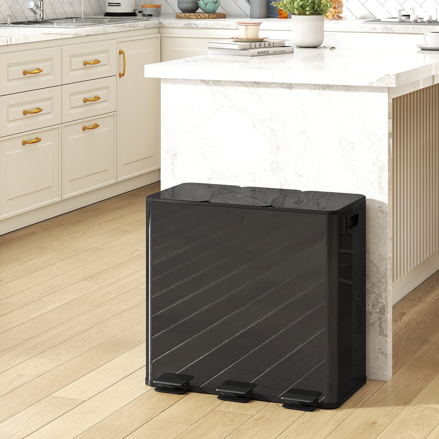 HOMCOM Three 20L Pedal Bin Stainless Steel Triple Kitchen Bin With Soft Close Lid Removable Inner Buckets Black