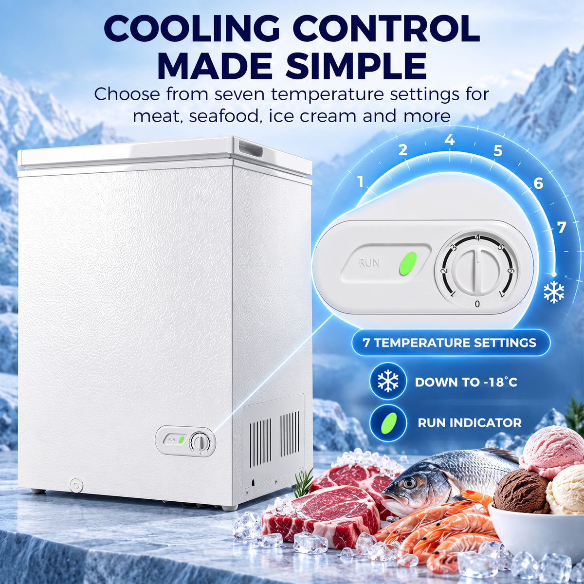 White chest freezer with mechanical temperature dial and front control panel