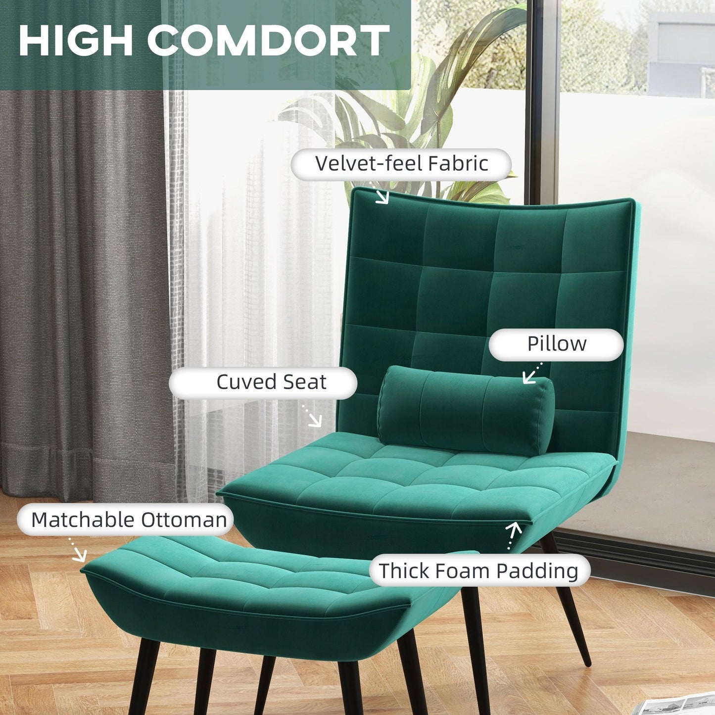 HOMCOM Armless Accent Chair with Footstool Set with Pillow and Steel Legs Green - ALL4U RETAILER LTD