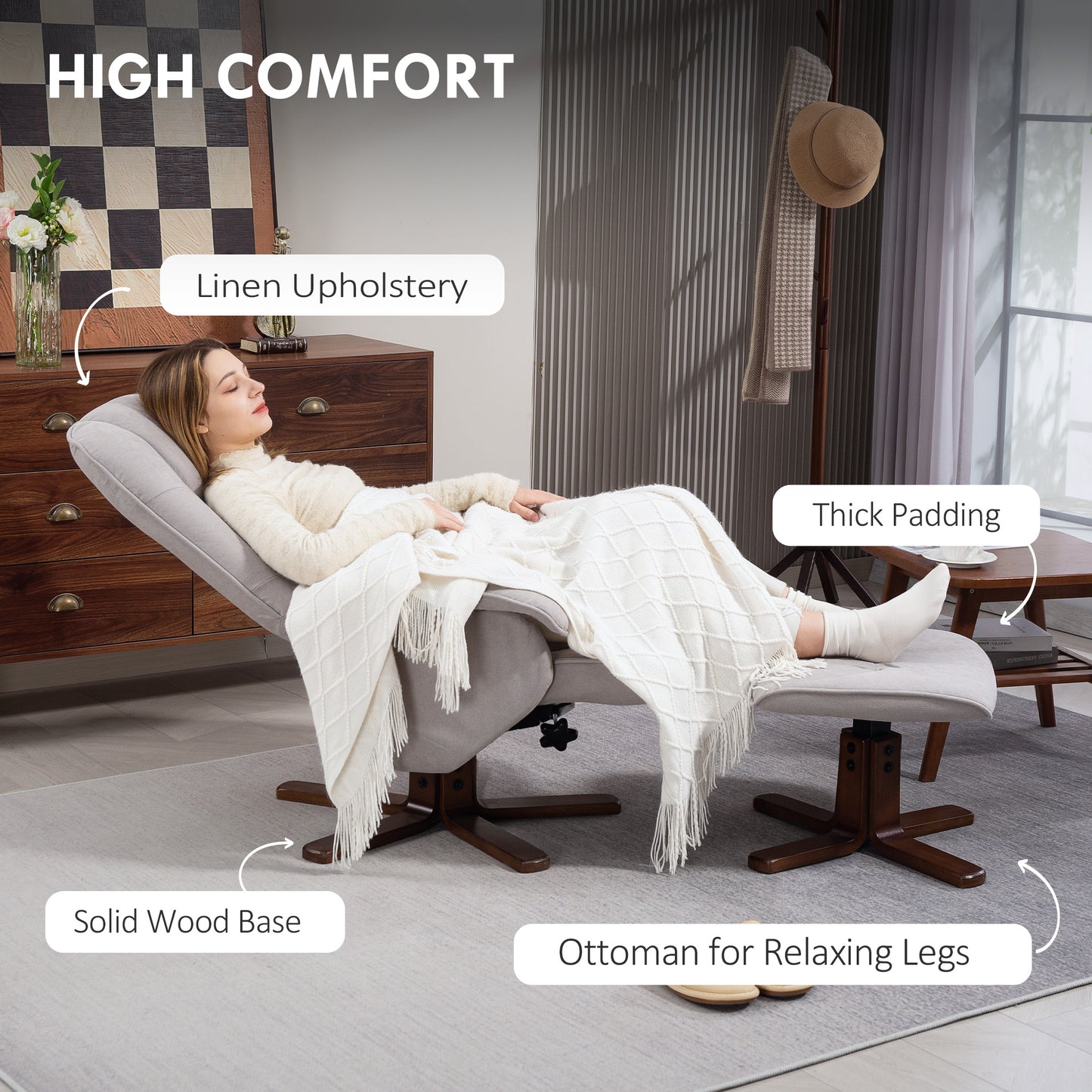 HOMCOM Linen Swivel Recliner Chair With Footstool Ottoman For Living Room Light Grey