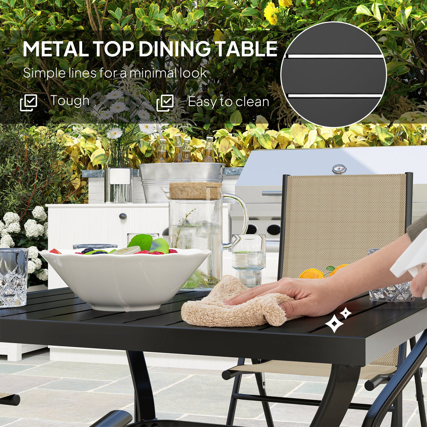Outsunny Five Piece Steel Frame Outdoor Patio Set With Square Table And Folding Chairs Khaki And Black