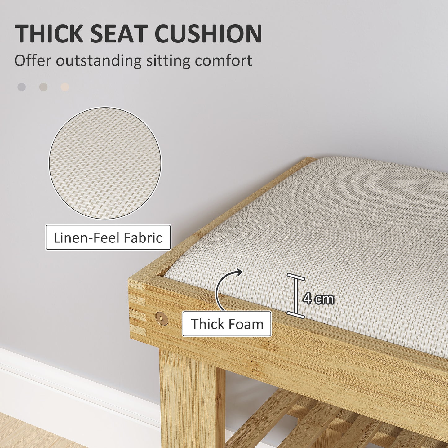 HOMCOM Bamboo Shoe Storage Bench 3 Tier With Seat Cushion Cream White for Entryway Hallway Living Room Bedroom