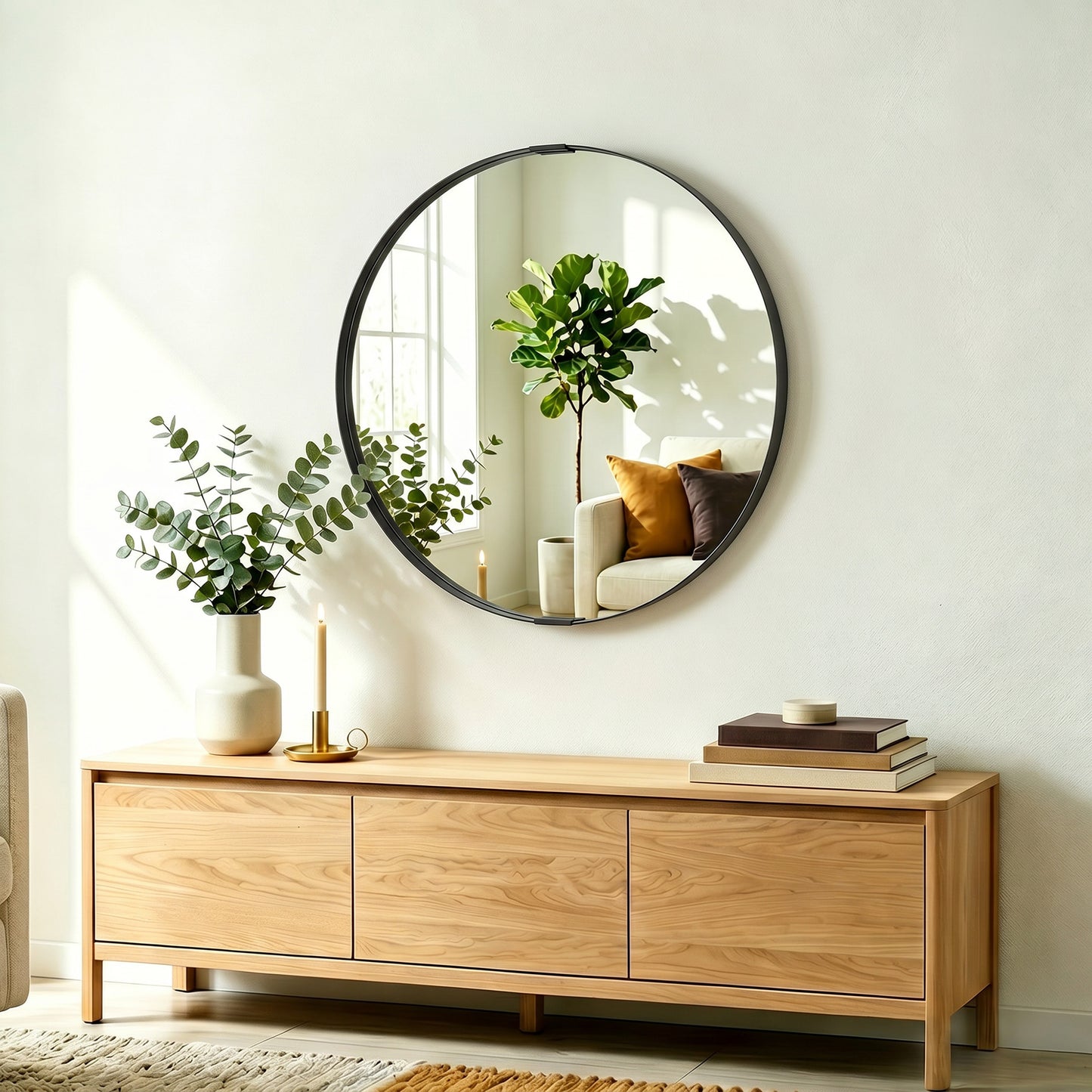HOMCOM Round Wall Mirror 61 Cm Black Aluminium Alloy Frame Wall Mounted Bathroom Mirror With Tempered Safety Glass