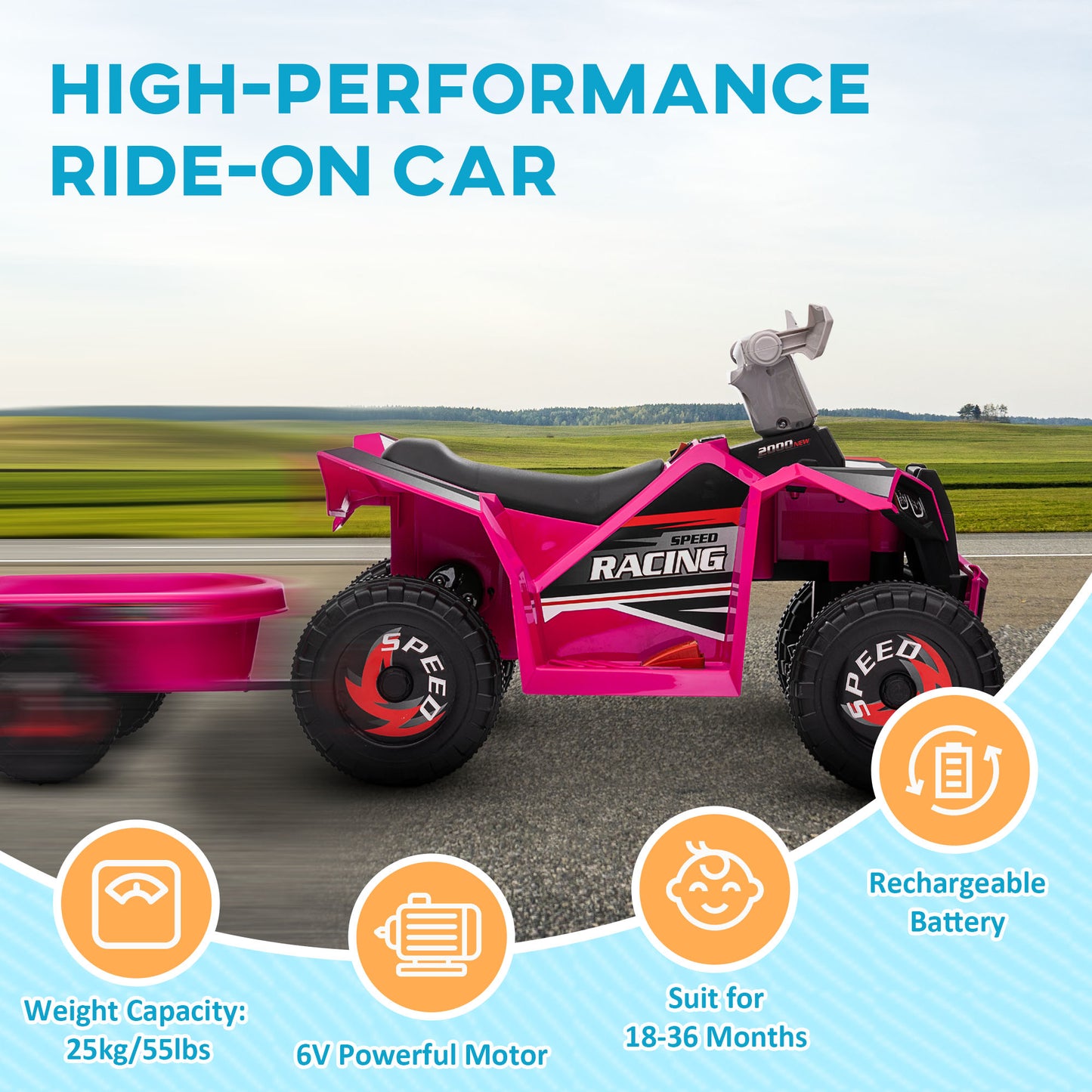 HOMCOM 6V Pink Quad Bike with Back Trailer, Wear-Resistant Wheels for Ages 18-36 Months - ALL4U RETAILER LTD