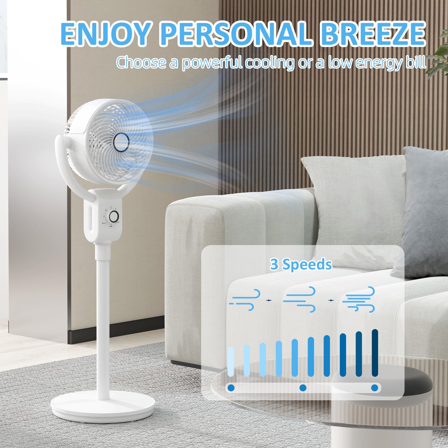 HOMCOM Pedestal Air Circulation Fan With 70 Degree Oscillation And 90 Degree Tilt Energy Efficient White