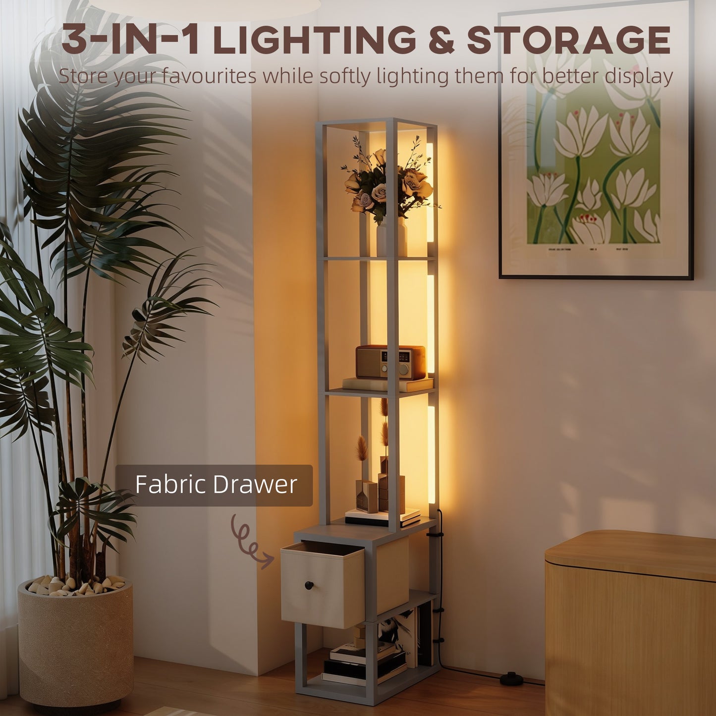 HOMCOM 3 In 1 Floor Lamp With Shelves And Fabric Drawer LED Column Modern Standing Lamp Adjustable Brightness Grey