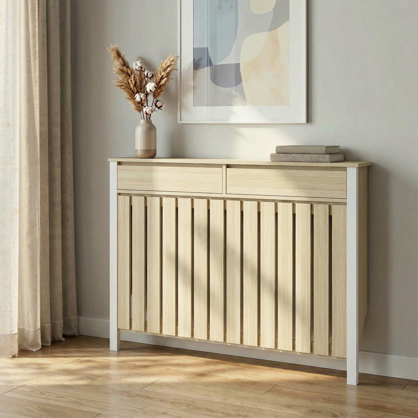 HOMCOM 93 X 119 Cm Rustic Look Slim Radiator Cover In White MDF With Two Top Drawers