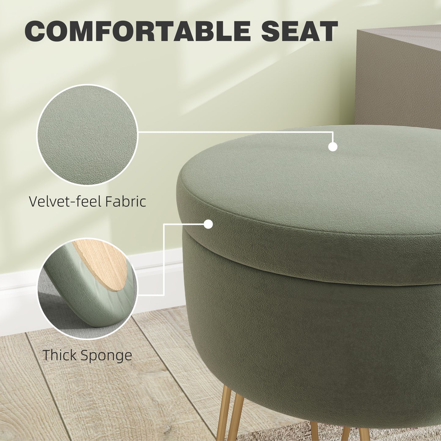 HOMCOM 5L Velvet Feel Green Storage Ottoman With Gold Hairpin Legs Soft Velvet Upholstery