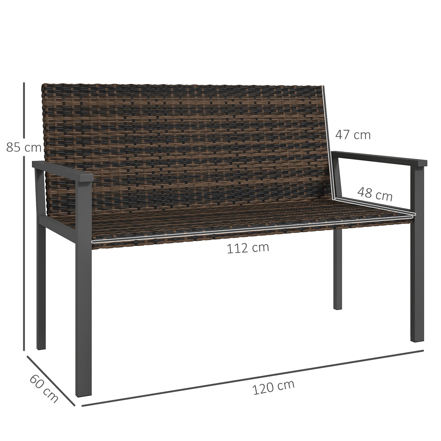 Outsunny Two Seater Rattan Garden Bench With Quick Drying Padding And Armrests Steel Frame Patio Loveseat Mixed Brown