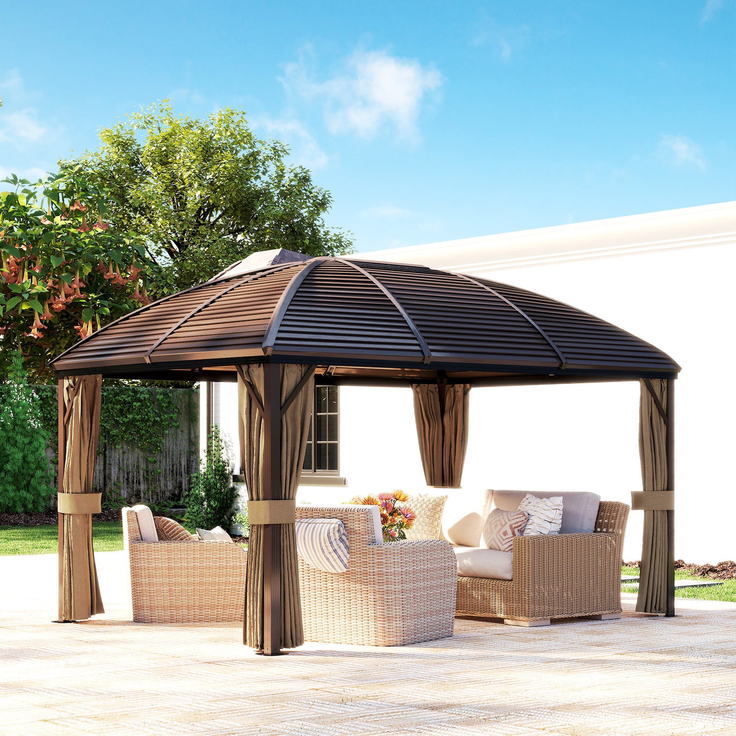 Outsunny 3 By 4m Hardtop Gazebo With Metal Roof Aluminium Frame Netting Curtains Permanent Pavilion Brown
