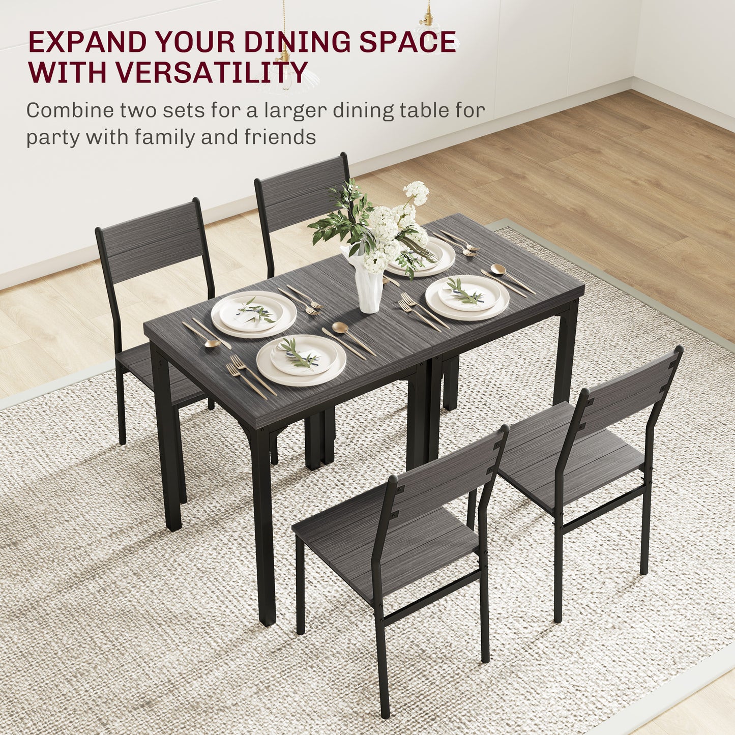 HOMCOM Three Piece Minimal Dining Set in Grey Wood Grain for Two People Compact Table and Chairs