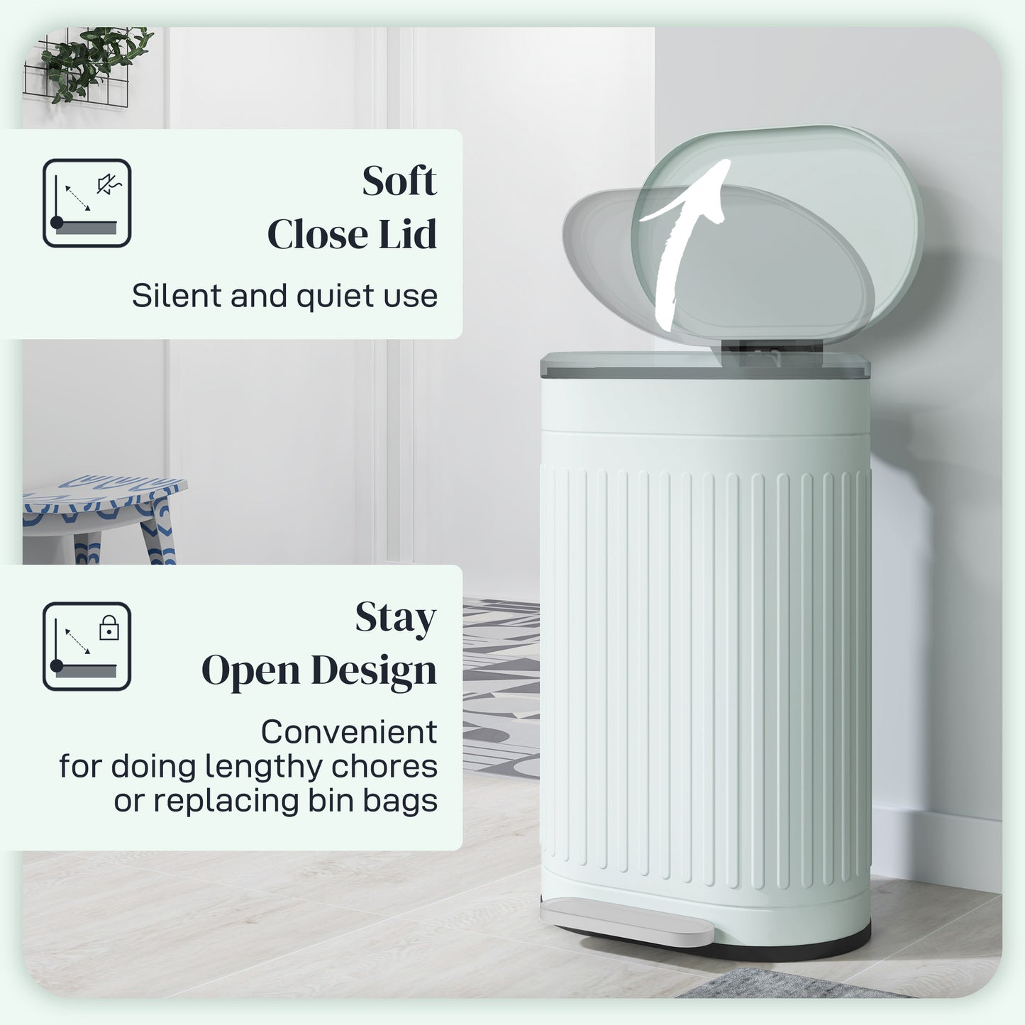 HOMCOM 30L Metal Kitchen Bin With Soft Close Lid Pedal Operated Stay Open Inner Removable Bucket Light Green