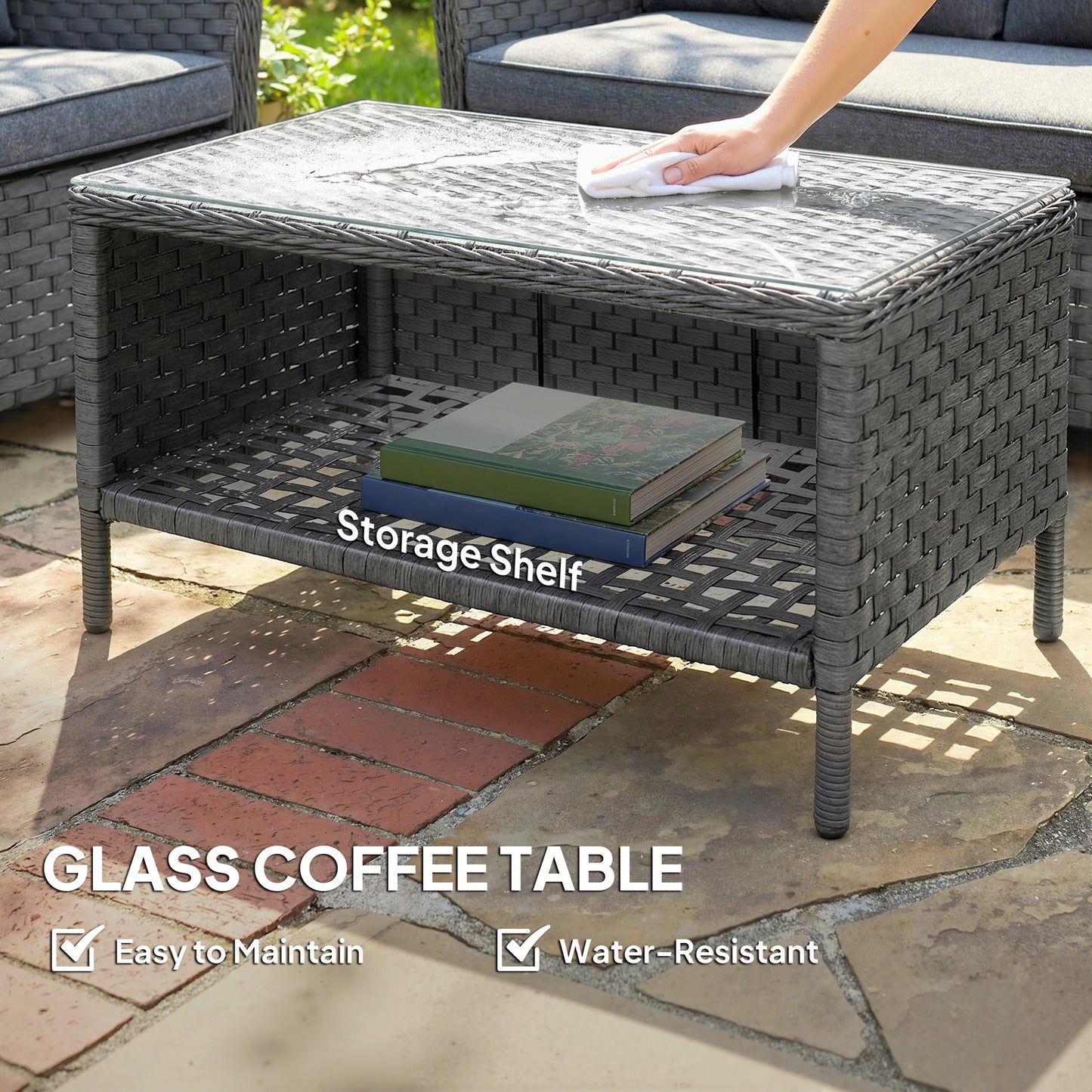 Outsunny Four Piece Wicker Patio Furniture Set With Two Armchairs Loveseat And Glass Coffee Table In Dark Grey