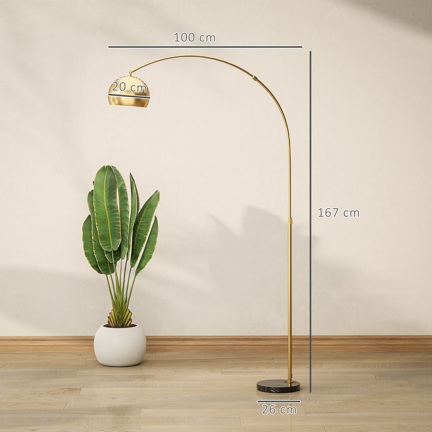 Homcom 167cm Arc Floor Lamp In Gold Tone With Faux Black Marble Base And Bell Shade, Adjustable Foot Switch Living Room