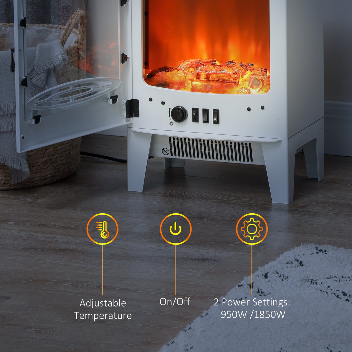 HOMCOM Tempered Glass Casing Electric Fireplace With Realistic Flame Effect Overheat Protection White 950W 1850W