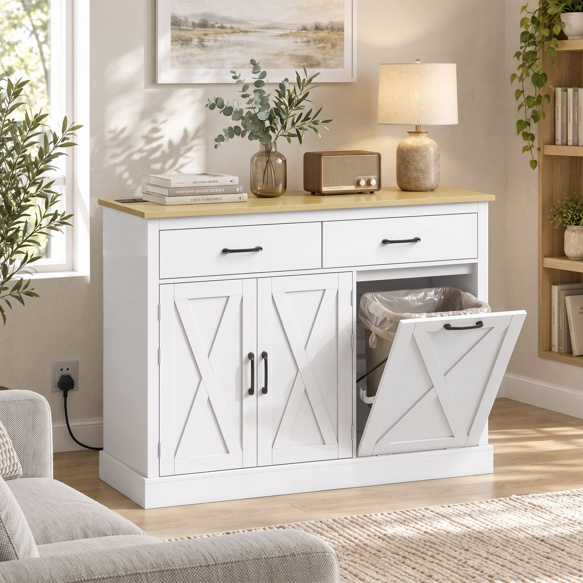 HOMCOM Tilt Out Trash Cabinet Kitchen Island with Charging Station and 57L Bin