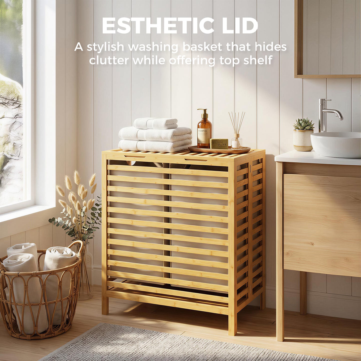 HOMCOM Bamboo Laundry Basket With Lid Two Baskets Foldable 64L Two 32L Bags Natural Cream White