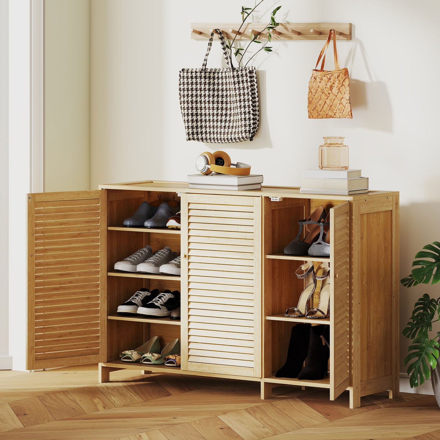HOMCOM Bamboo Shoe Cabinet With Louvered Doors Natural Finish 18 Pair Shoe Storage With Adjustable Shelves For Hallway
