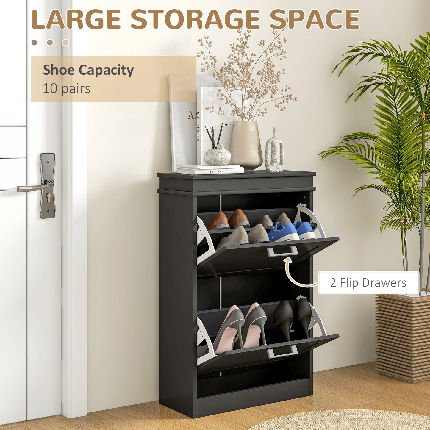 HOMCOM Two-Drawer Minimalistic 10-Shoe Cabinet For Narrow Spaces With Adjustable Shelves In Black