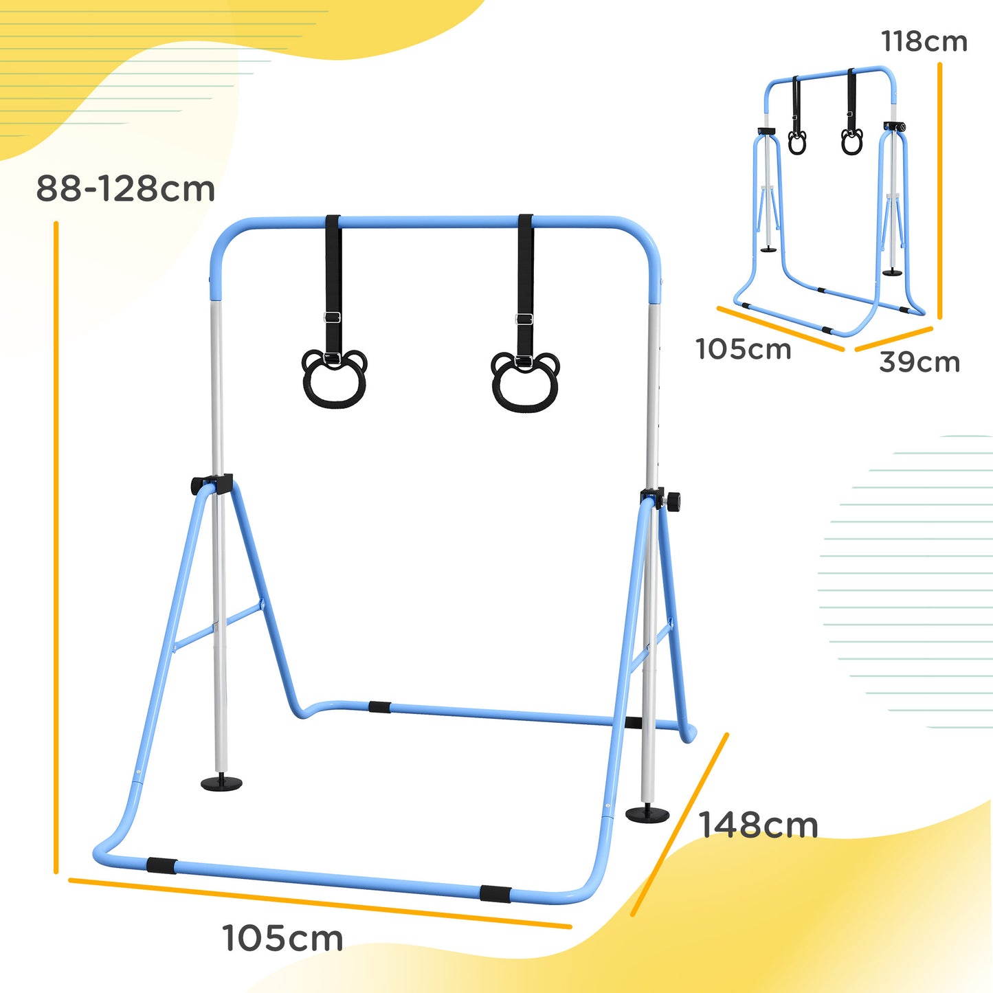 HOMCOM Height-Adjustable Foldable Gymnastics Bar for Kids with Non-Slip Mats, Blue, Ages 3+ - ALL4U RETAILER LTD