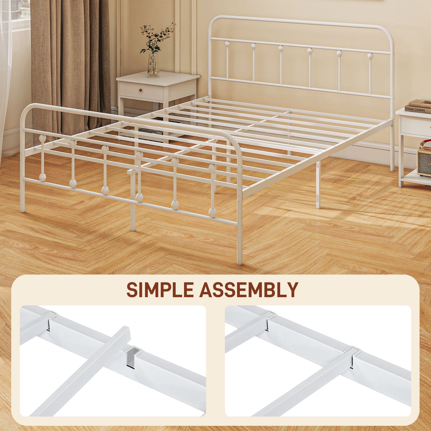 HOMCOM 4ft Minimalist Double Bed Frame with Storage and High Headboard - White Steel Slat Design, No Box Spring Needed, Easy Assembly - ALL4U RETAILER LTD