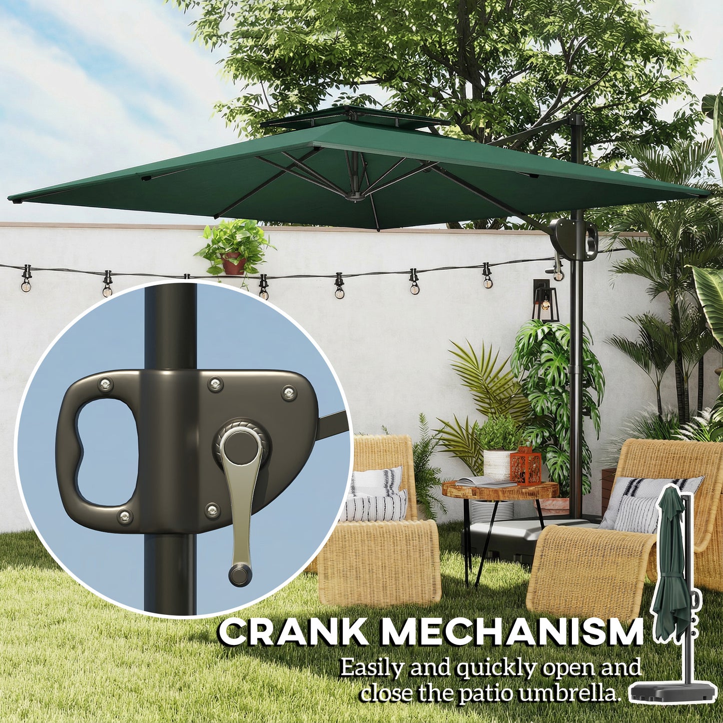 Outsunny Cantilever Parasol With Weighted Base And Crank Tilt Double Top Garden Parasol Patio Dark Green