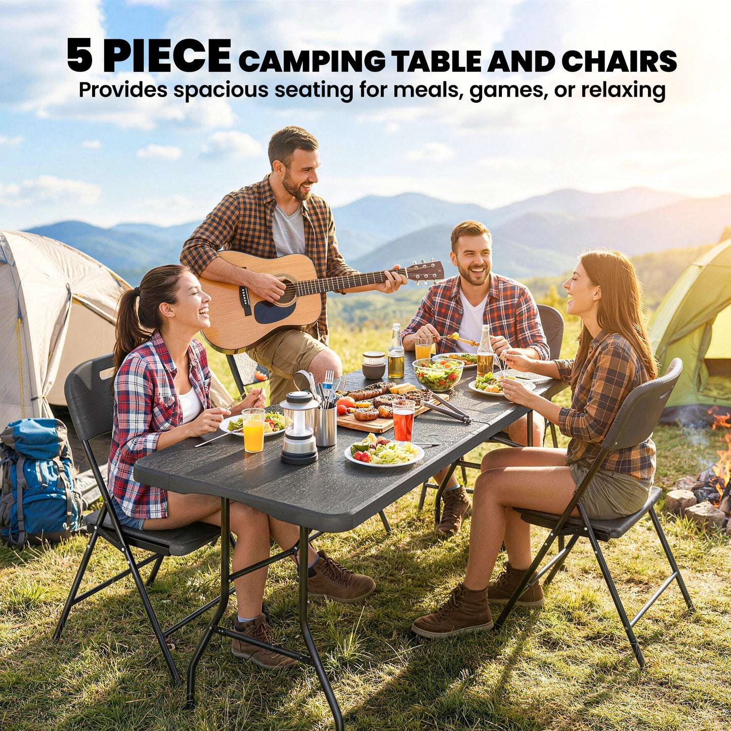 Outsunny 5 Piece 6ft Foldable Table and Chairs Portable Picnic Set Waterproof Top and Steel Frame Black