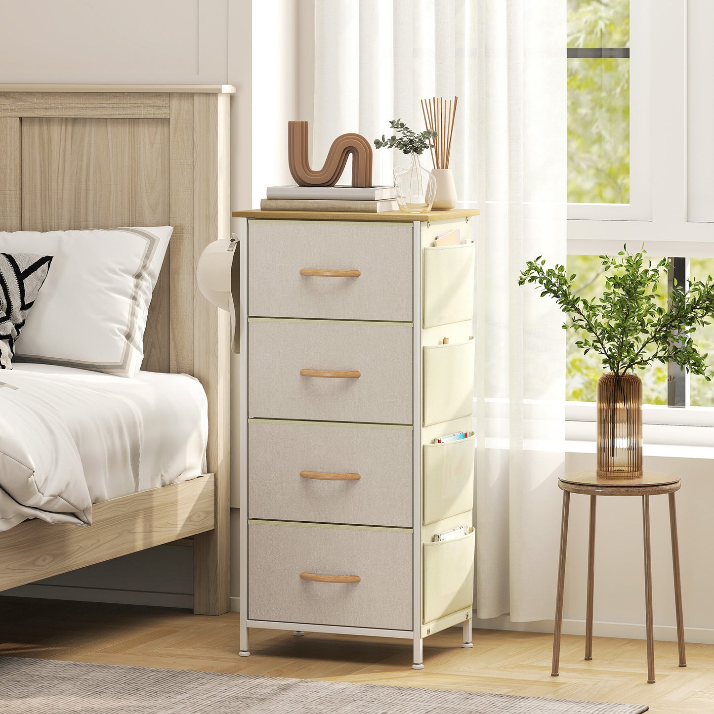 HOMCOM Chest Of Four Fabric Drawers Beige With Side Pockets And Hooks Steel Frame Storage Organizer