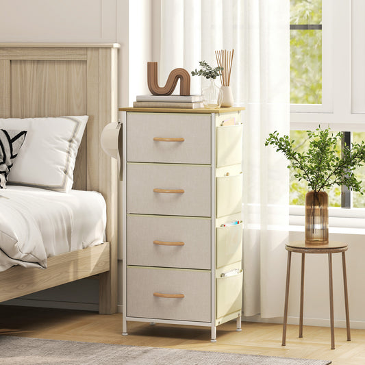 HOMCOM Chest Of Four Fabric Drawers Beige With Side Pockets And Hooks Steel Frame Storage Organizer