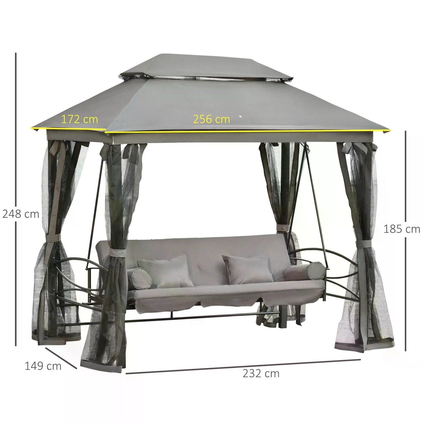 Outsunny Outdoor 3-Seater Swing Bed with Canopy, Cushioned Seating, and Mesh Curtains - Grey Gazebo - ALL4U RETAILER LTD