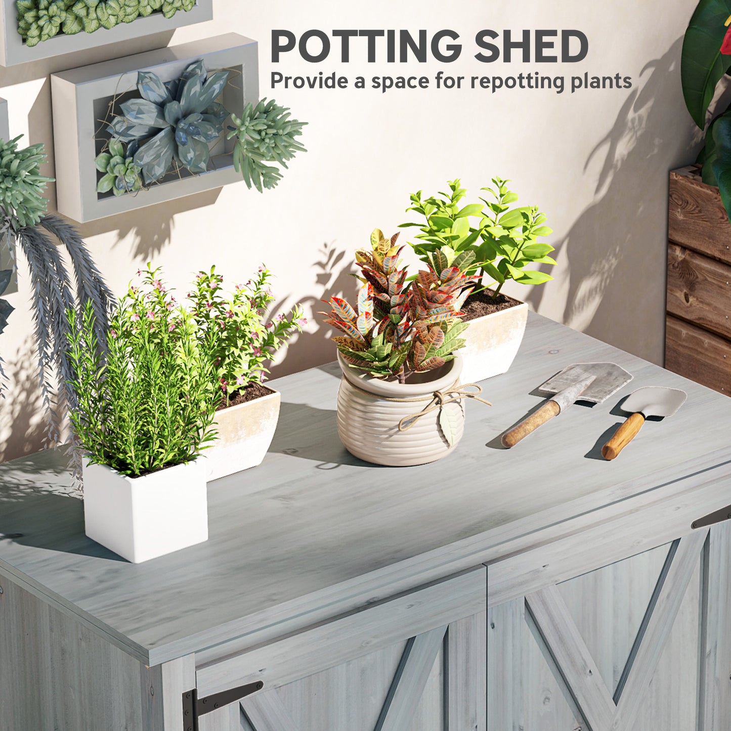 Outsunny Wooden Garden Shed With Shelf And Double Doors In Light Grey Outdoor Fir Wood Storage Shed