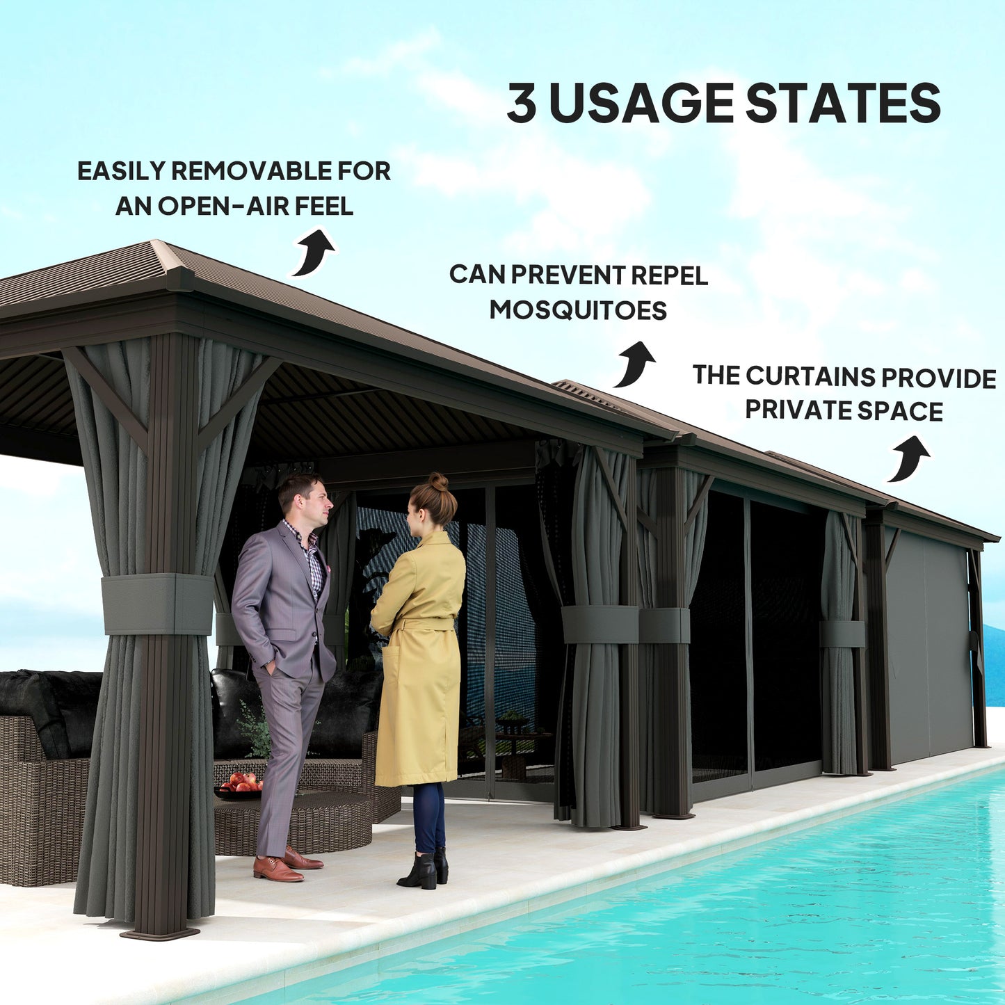 Outsunny 3.6 X 3 M Aluminium Hardtop Gazebo With Accessories In Dark Grey With Four Curtains And Inner Mesh Curtains
