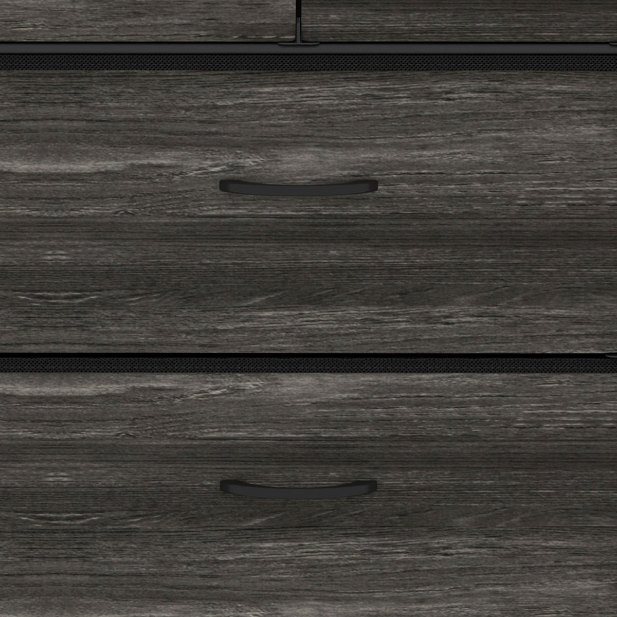 Grey wood-effect fabric drawer front with black handle, smooth storage panel