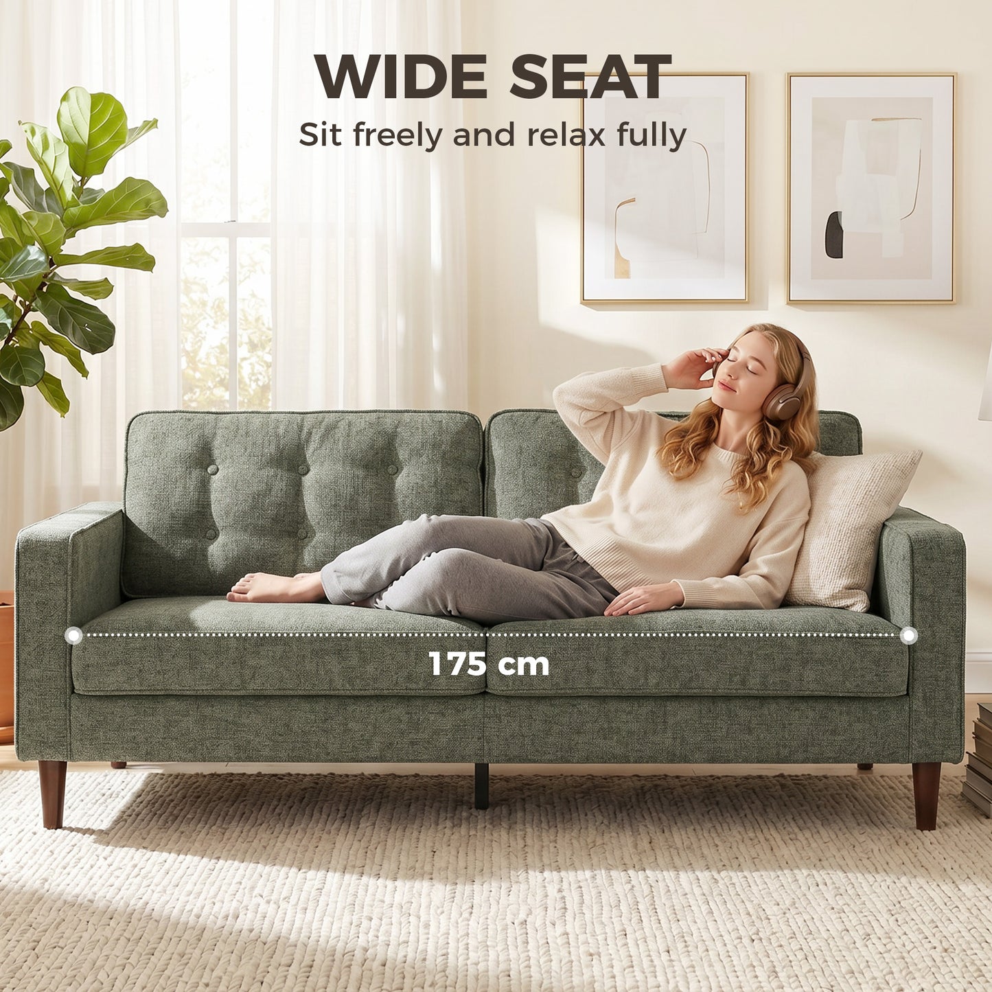HOMCOM 3 Seater Sofa Button Tufted Velvet Couch With Wood Legs For Living Room Green