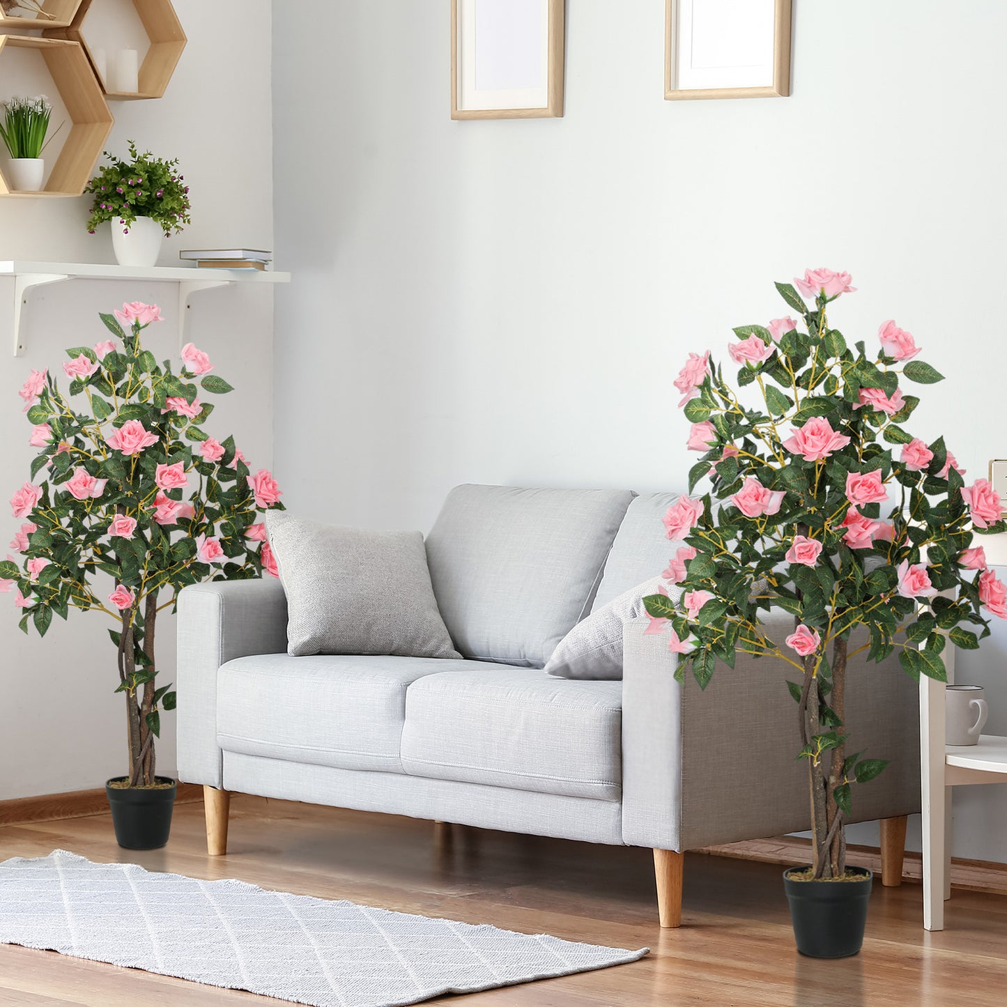 HOMCOM Set Of Two Faux Rose Plants With Pots For Home Decor Realistic Artificial Flowers