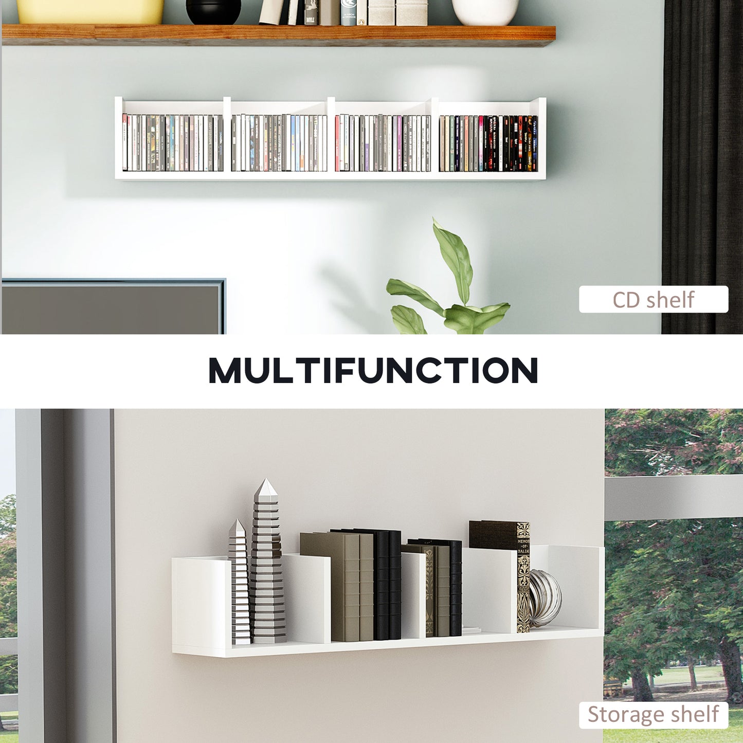 HOMCOM Wall Mount CD DVD Storage Rack 4 Cubes White Set Of 2 Wooden Shelf Organiser Unit