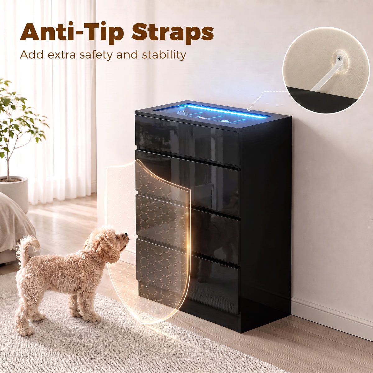 Homcom High Gloss Dresser With Tempered Glass Top And Rgb Led Lights Black