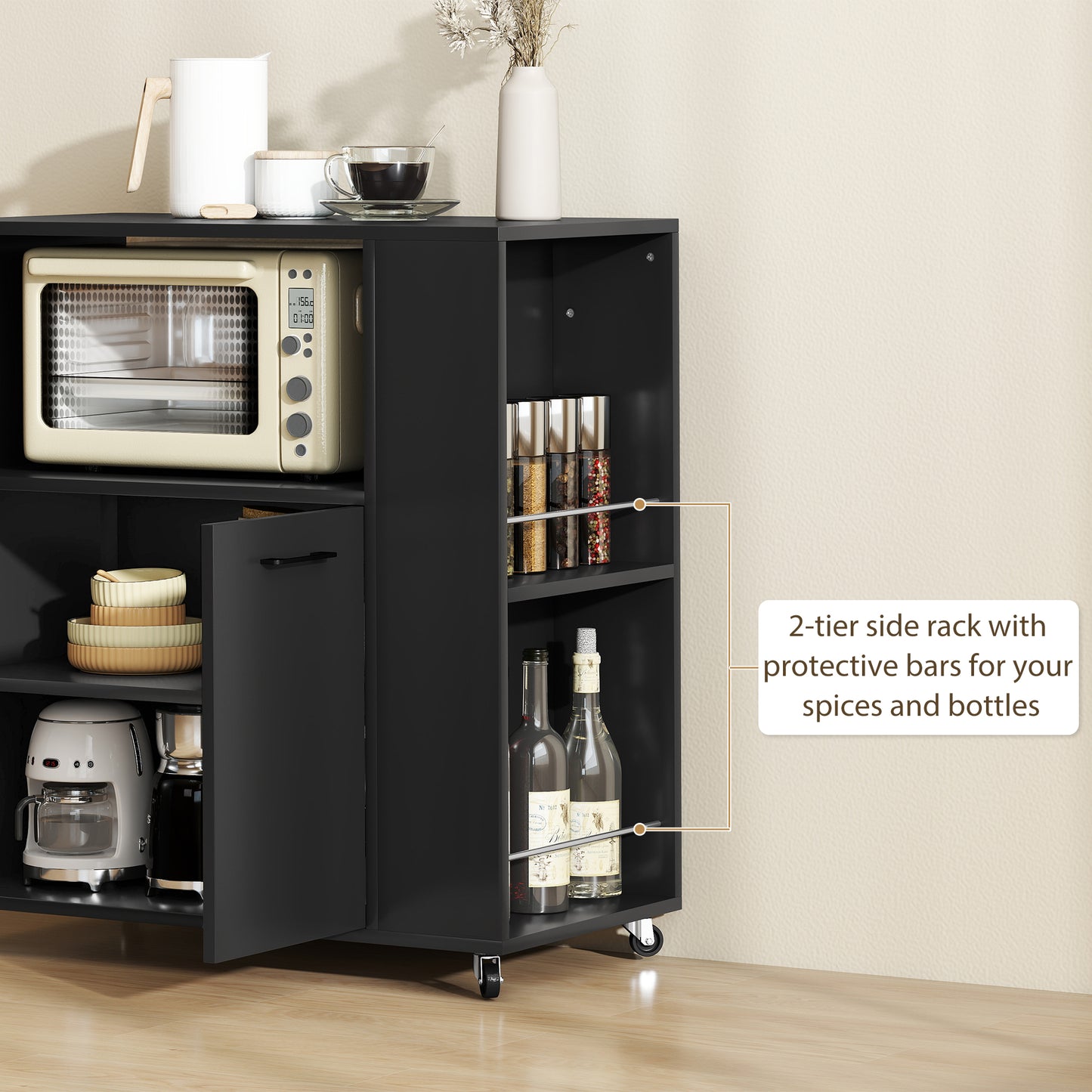 HOMCOM Kitchen Trolley On Wheels Rolling Kitchen Island Cart With 2 Door Cabinet Spice Rack And Adjustable Shelf Black