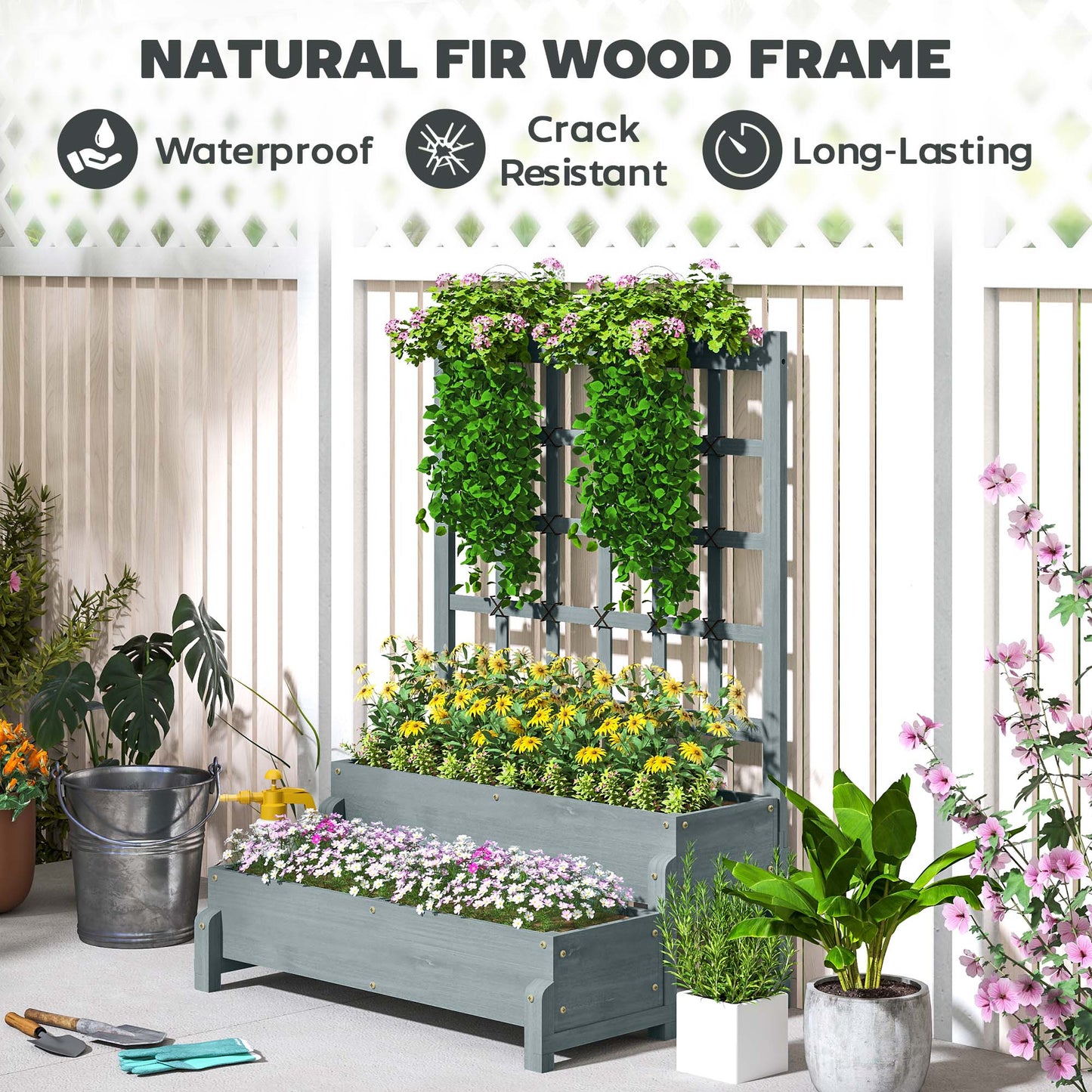 Outsunny 2 Tier Raised Garden Bed With Trellis Wooden Planter Box Drainage Holes Garden For Climbing Plants Grey