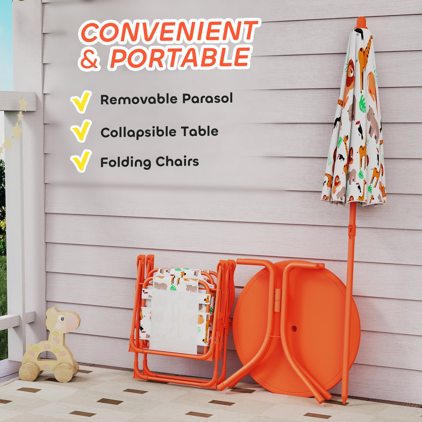 AIYAPLAY Kids Picnic Table Set With 2 Folding Chairs And Umbrella Orange Outdoor Table And Chair Set For Children
