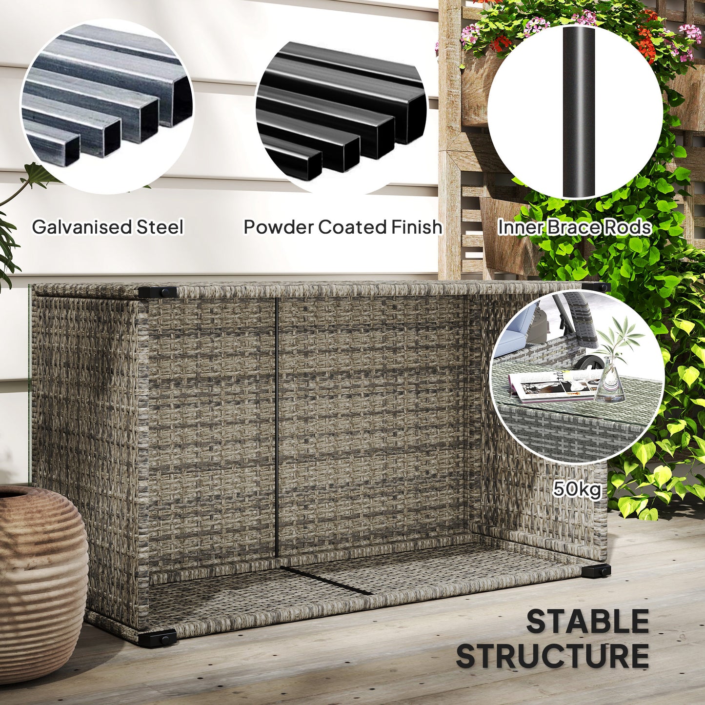 Outsunny 90 x 50cm Glass Top Rattan Side Table Dark Grey Outdoor Garden Furniture With 5mm Tempered Glass