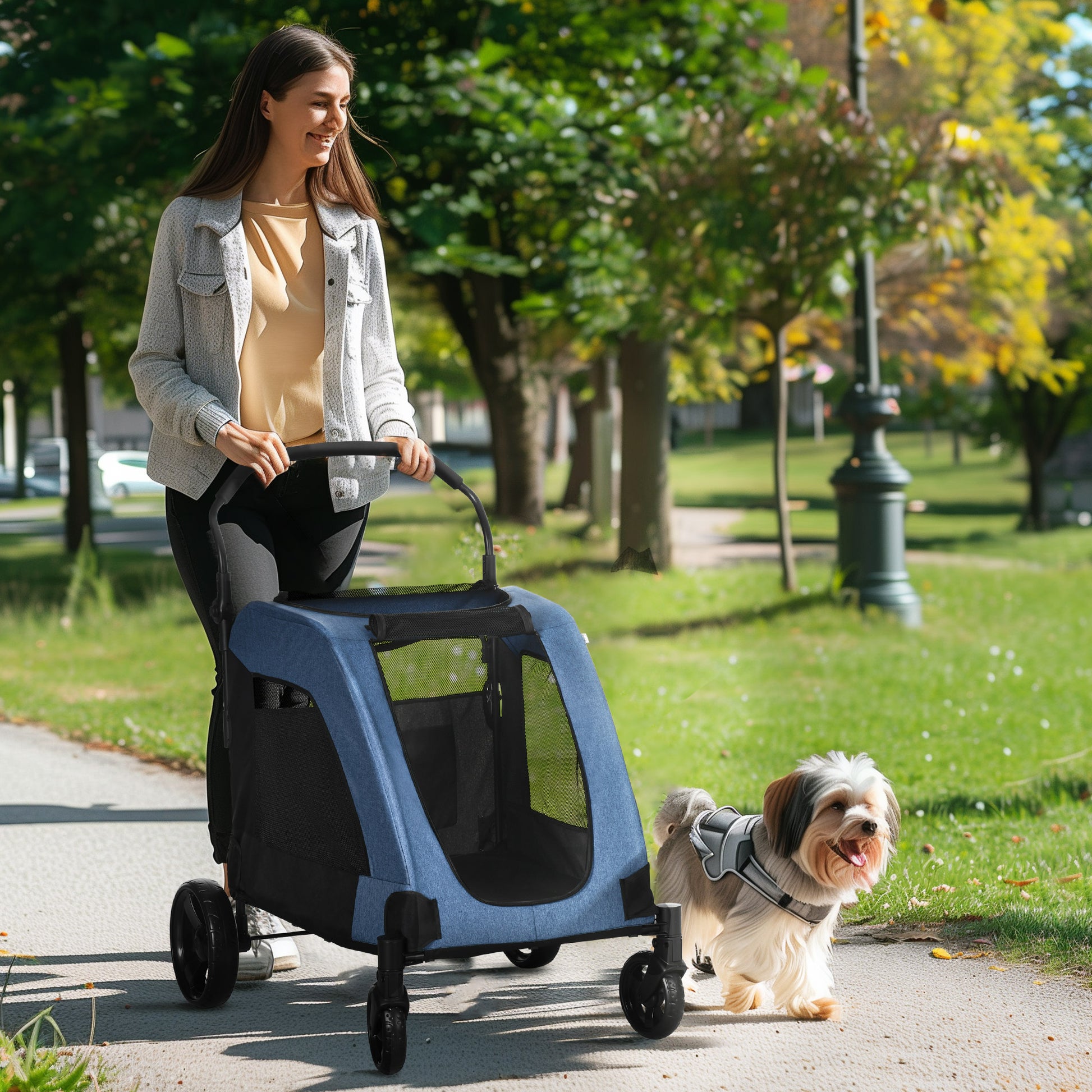 PawHut Blue Pet Stroller for Medium to Large Dogs with 4 Wheels and Mesh Windows - ALL4U RETAILER LTD