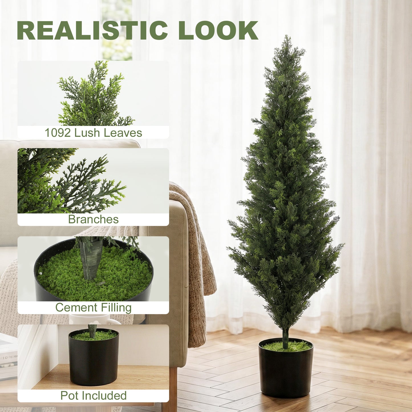 HOMCOM Set Of 2 Decorative Cypress Artificial Topiary Trees In Weighted Pots 120 Cm With 1092 Leaves
